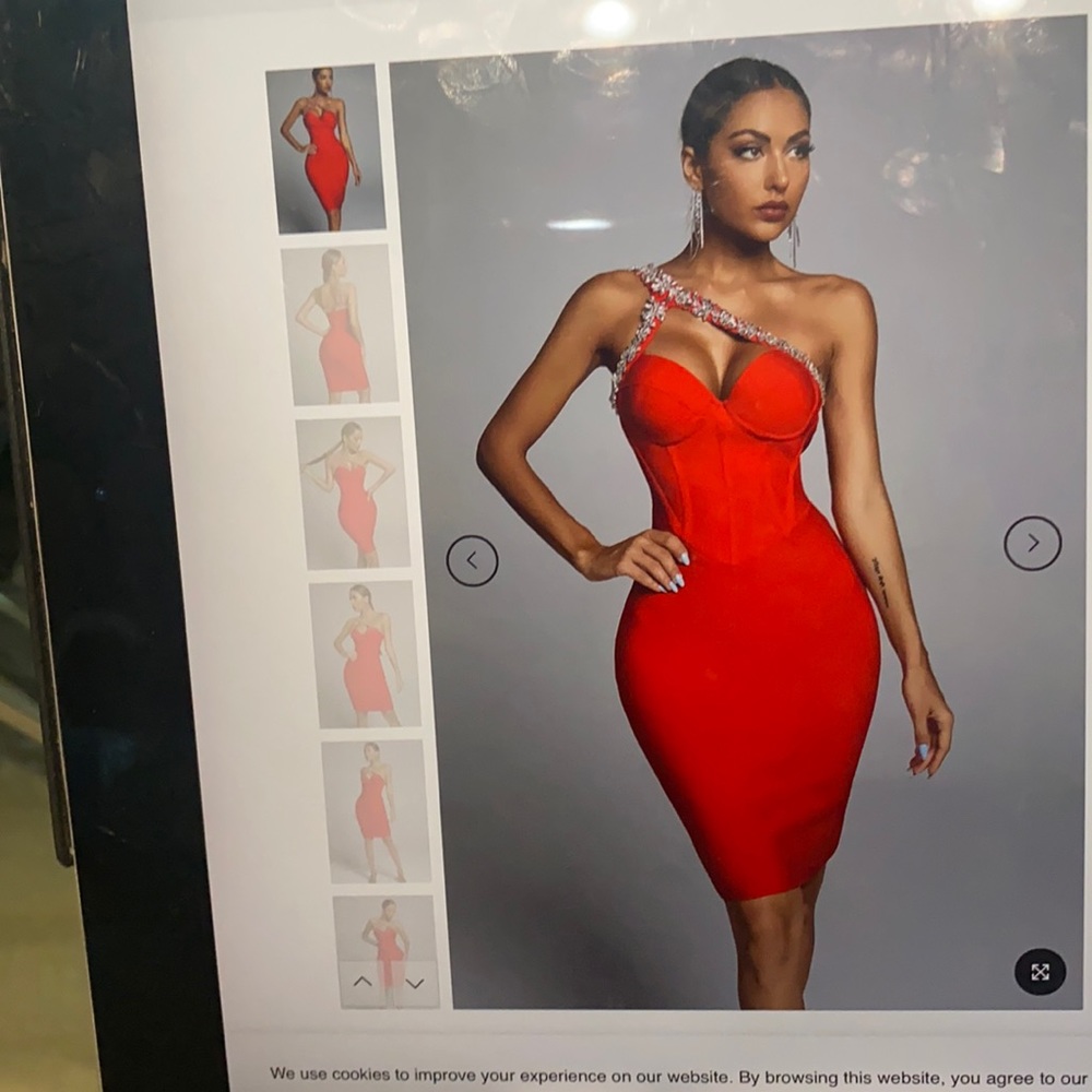 Never worn with tags large Bella Barnett red one shoulder embellished dress